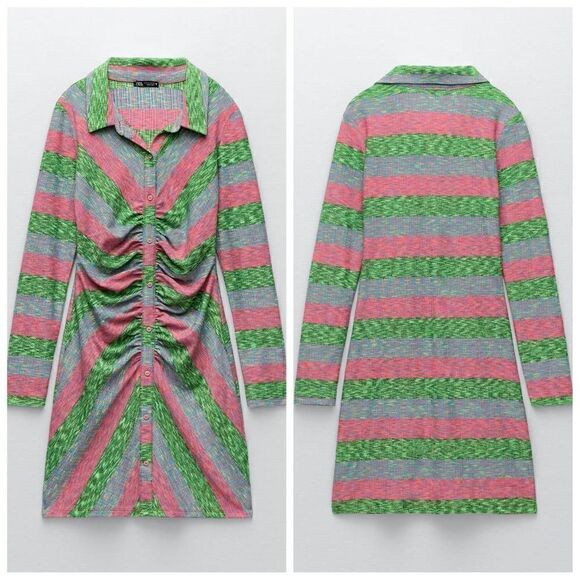 Zara Collared Shirt Dress With Ruching Multicolor Striped Size Small - Picture 2 of 11